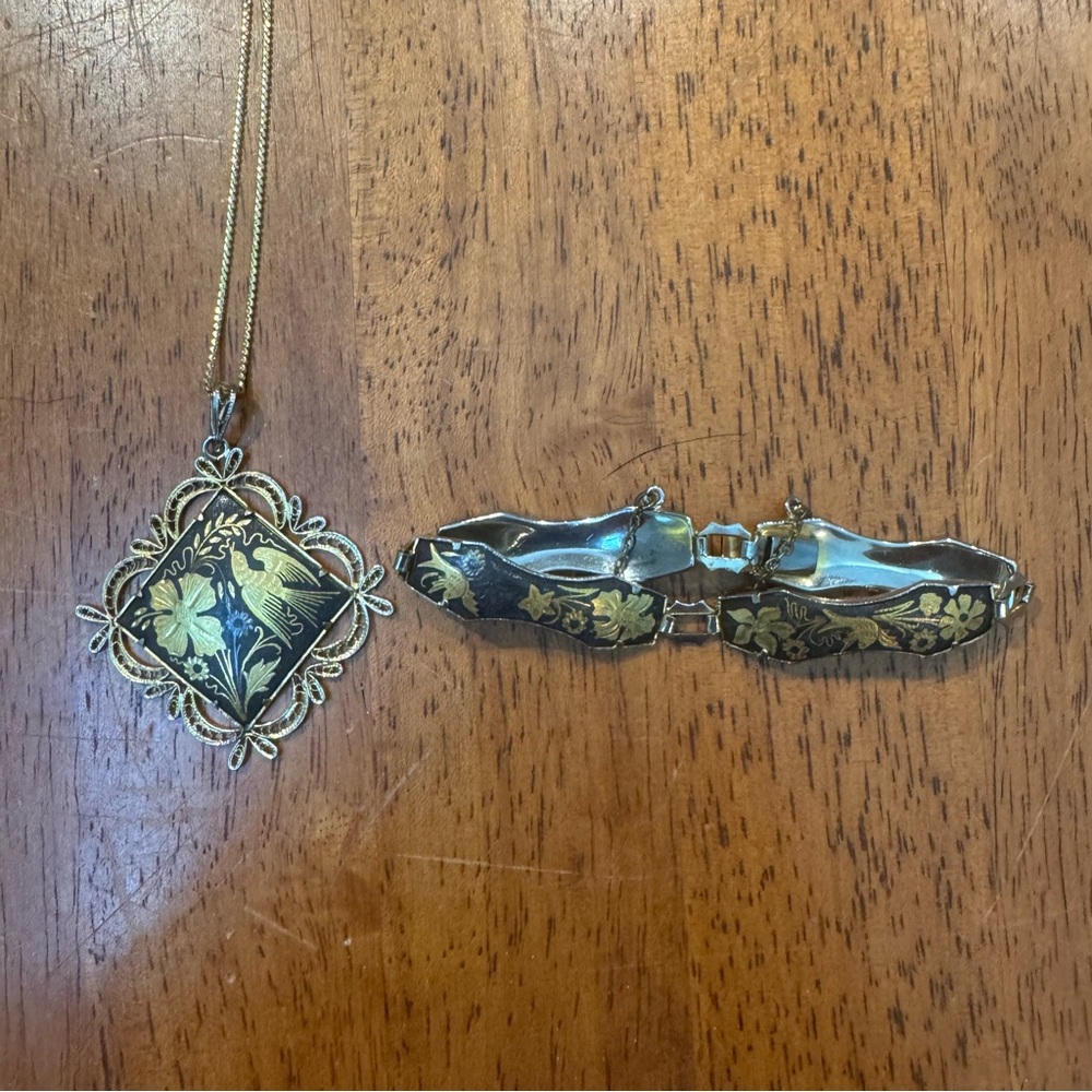 Vintage Damascene Flower and Bird Necklace & Bracelet Set